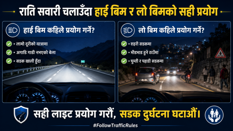 राति सवारी चलाउँदा हाई बिम र लो बिमको सही प्रयोग